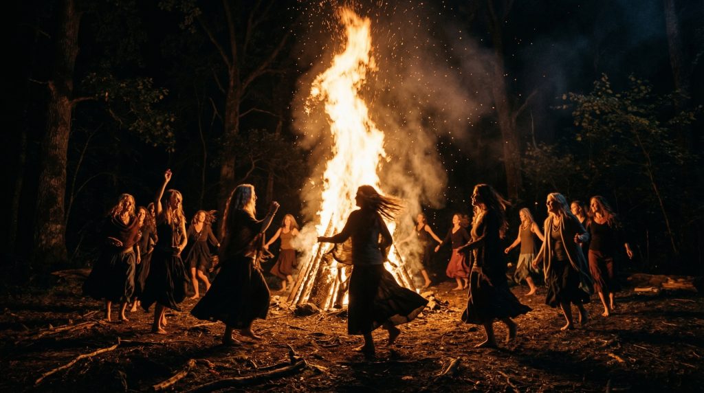 A circle of women dancing at night around a ritual