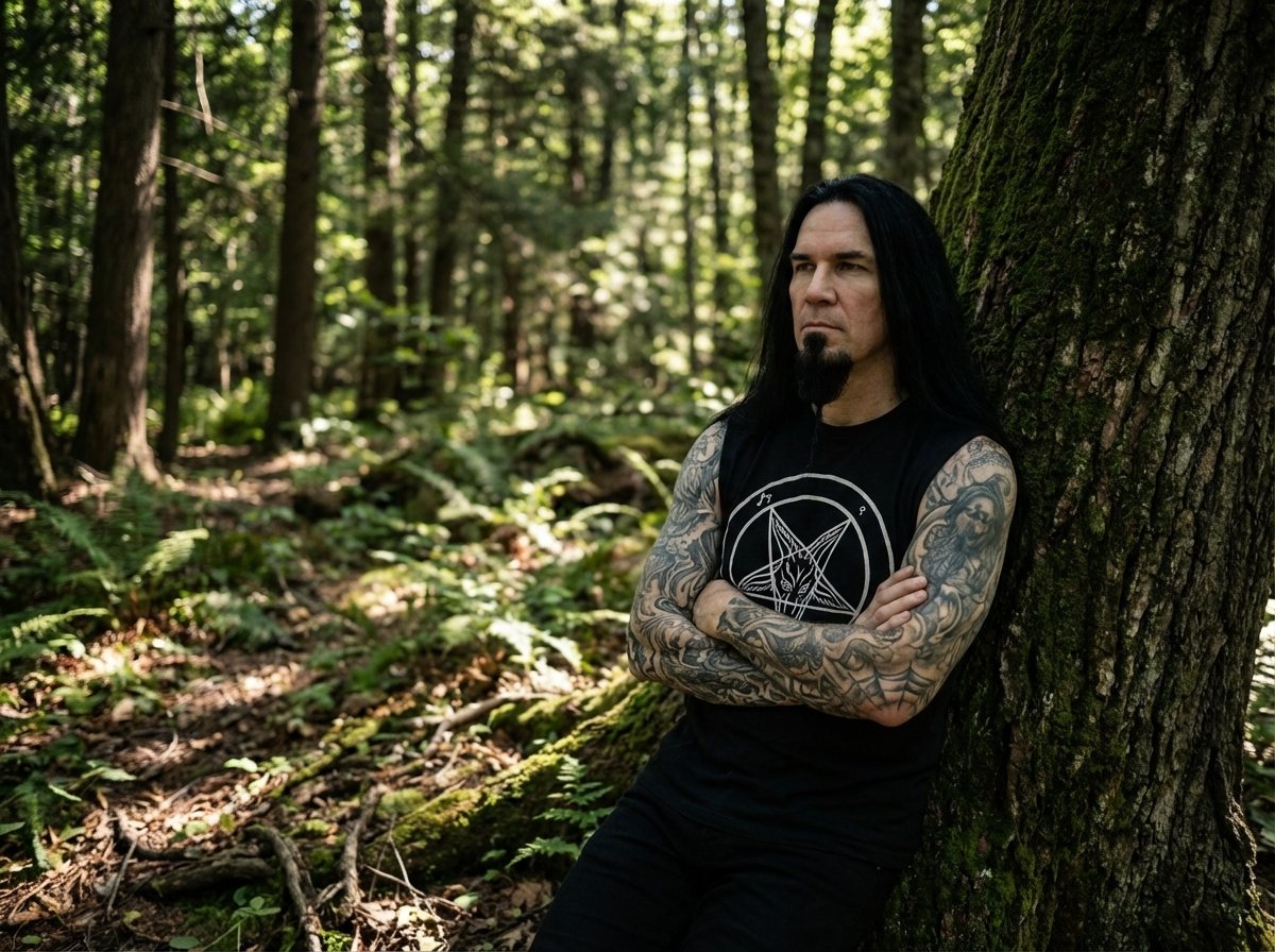 Varg leaning against a mossy tree in a forest with his arms crossed